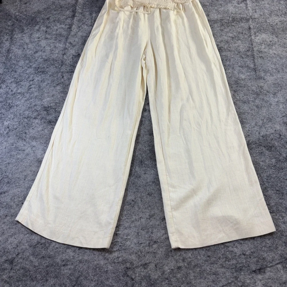 H&M Linen Jumpsuit Women's Medium Pale Yellow Resortwear Wide Leg‎ Minimalist